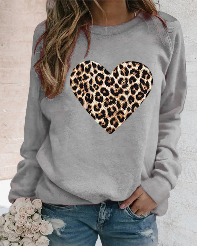 Sweat-shirt manches longues imprimé cœur léopard