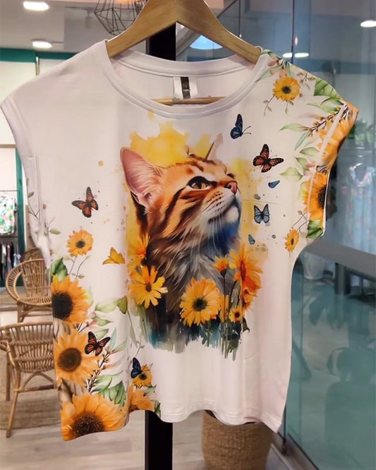 T-shirt décontracté sans manches à motif floral