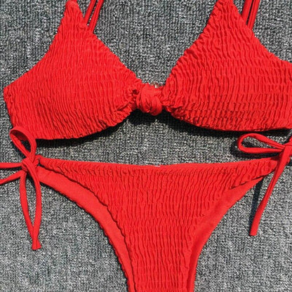 Maillot de bain froncé rouge, string licou, biquini pour femmes