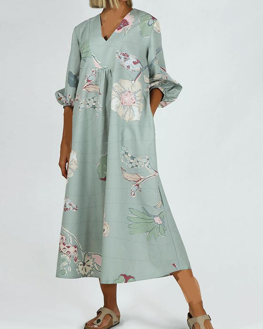 Kleid mit Blumendruck und V-Ausschnitt und Laternenärmeln