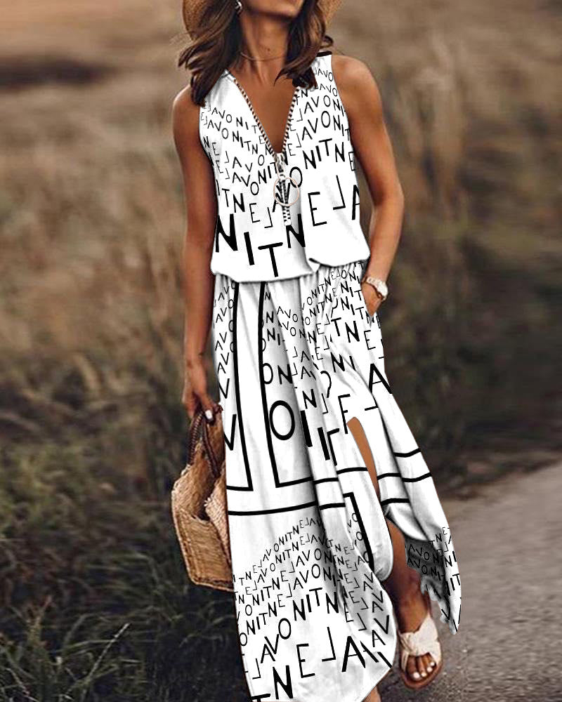 Modefest- Ärmelloses Kleid mit Buchstabenmuster Weiß
