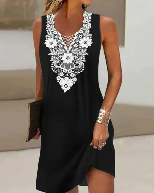 Modefest- Ärmelloses Kleid mit Kontrastspitze Schwarz