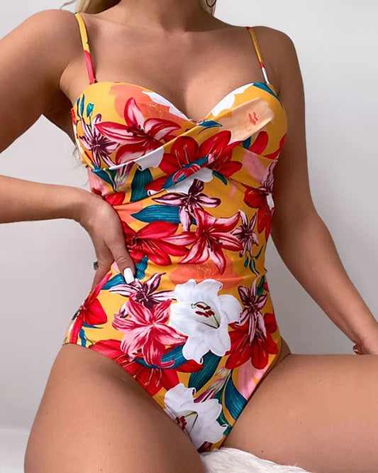 Modefest- Sexy einteiliger Badeanzug mit Blumendruck Gelb