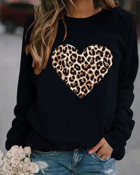 Modefest- Langarm-Sweatshirt mit Leoparden-Herz-Print Schwarz