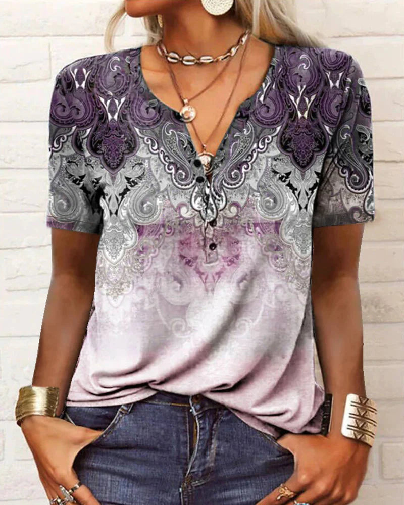 Modefest- Bedrucktes Kurzarm-T-Shirt mit V-Ausschnitt Rosa