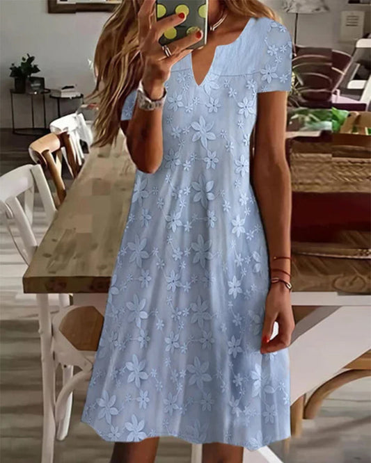 Modefest- Elegantes Kleid mit kurzen Ärmeln und Blumenmuster Himmelblau