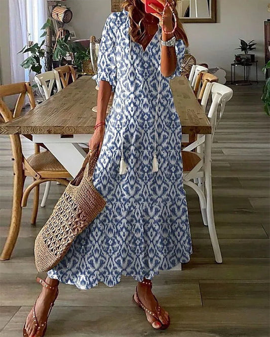Modefest- Bedrucktes langes Kleid mit V-Ausschnitt und Halbarm Blau