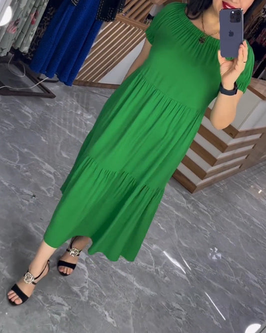 Modefest- Einfarbiges Rundhalskleid mit kurzen Ärmeln Grün