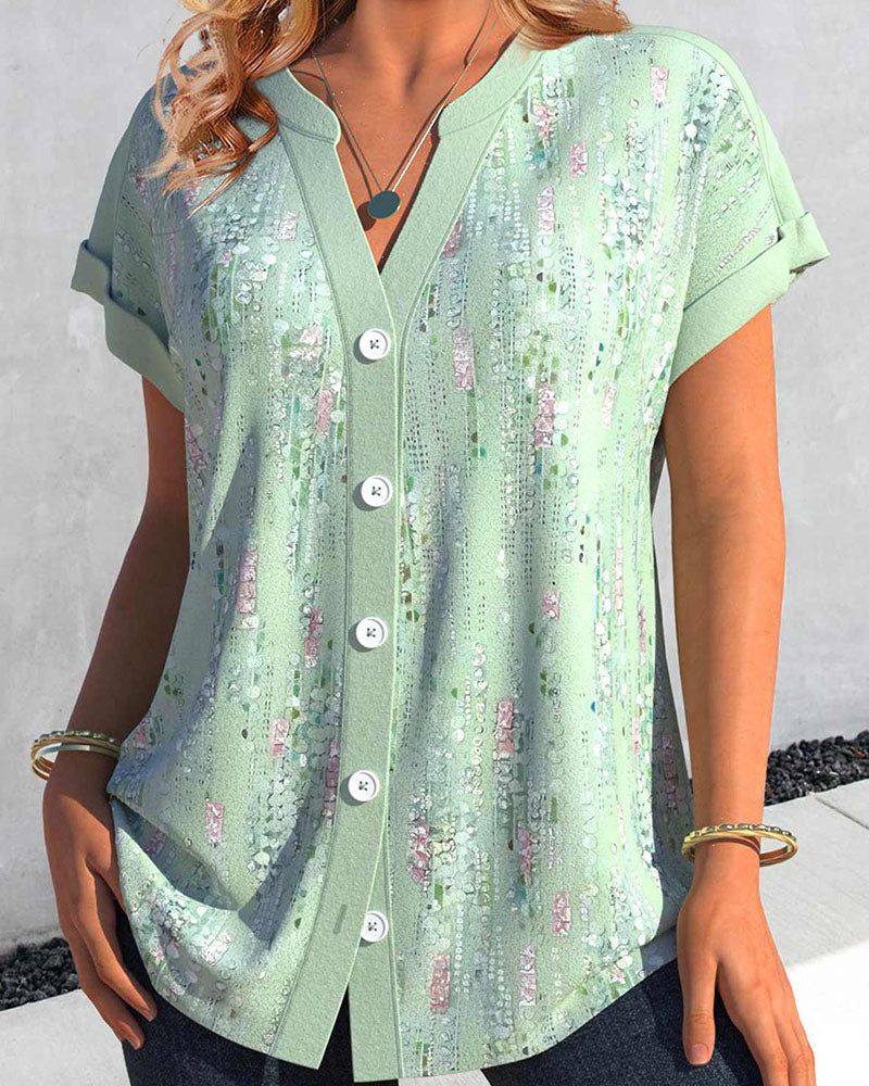 Modefest- Geknöpfte, bedruckte Bluse mit kurzen Ärmeln