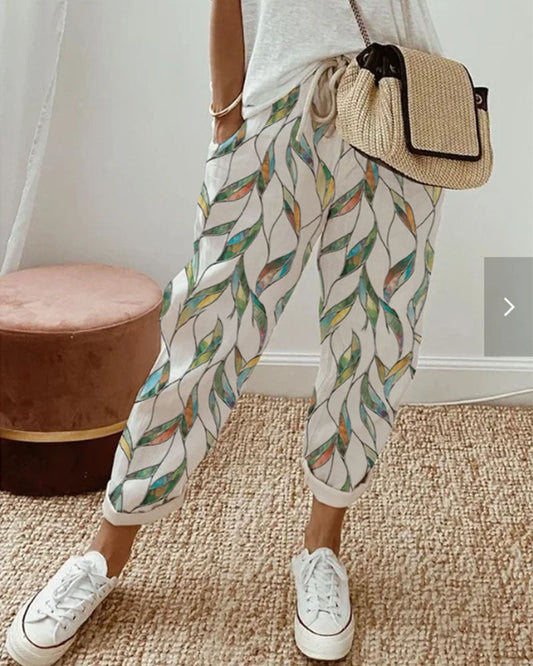 Modefest- Lässige Hose mit Blätter-Print Grün