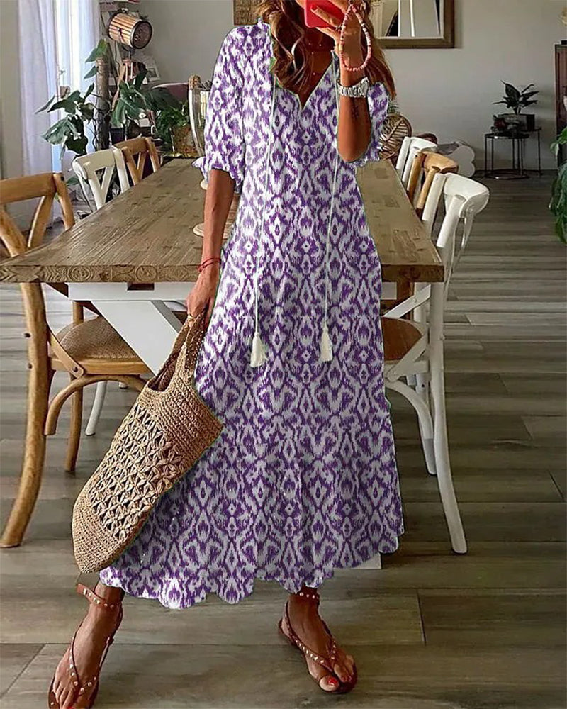 Modefest- Bedrucktes langes Kleid mit V-Ausschnitt und Halbarm Violett