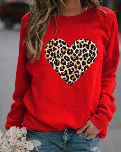 Modefest- Langarm-Sweatshirt mit Leoparden-Herz-Print Rot