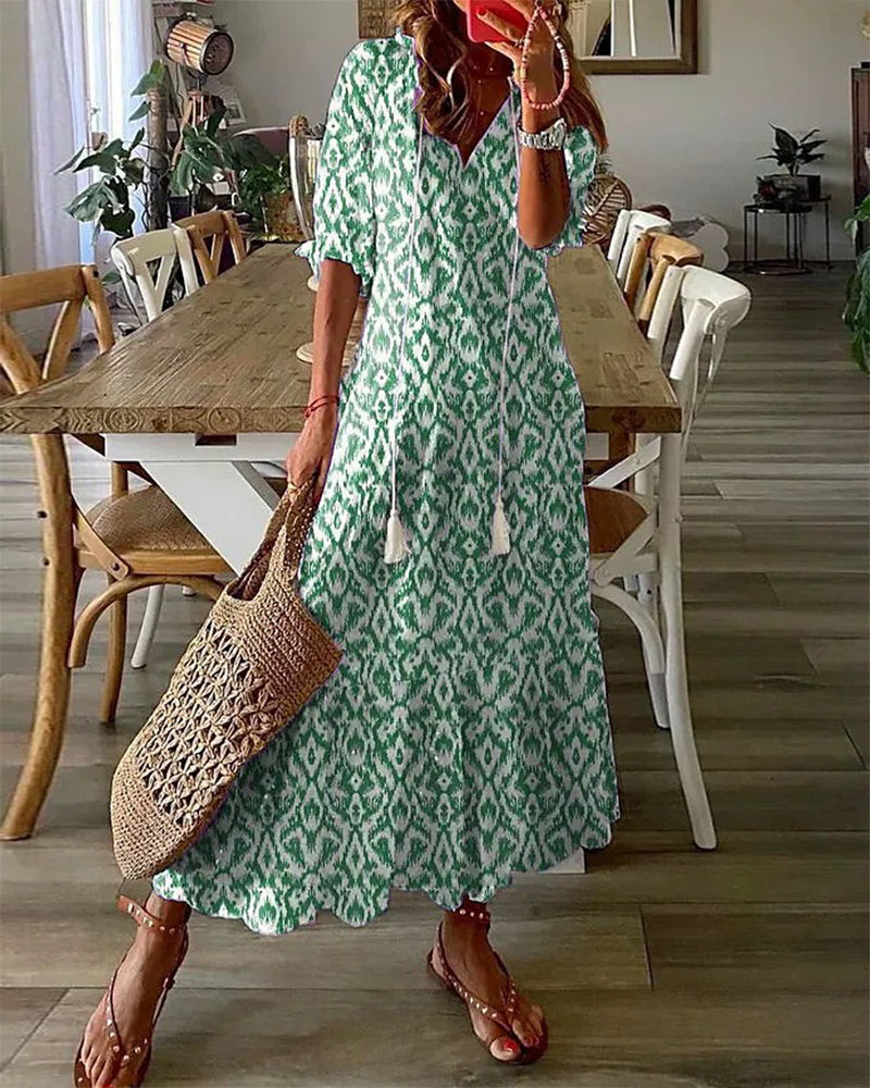 Modefest- Bedrucktes langes Kleid mit V-Ausschnitt und Halbarm Grün