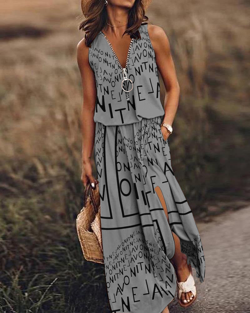 Modefest- Ärmelloses Kleid mit Buchstabenmuster Grau