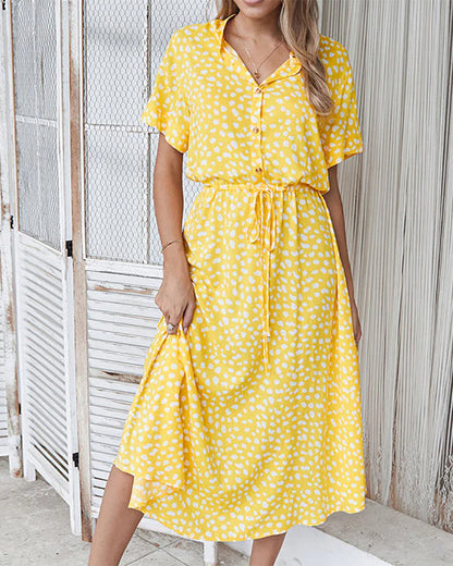 Modefest- Kleid mit V-Ausschnitt und Punktedruck Gelb