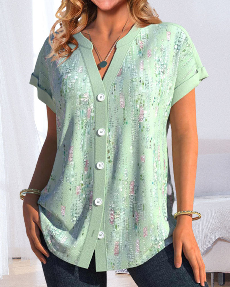 Modefest- Geknöpfte, bedruckte Bluse mit kurzen Ärmeln