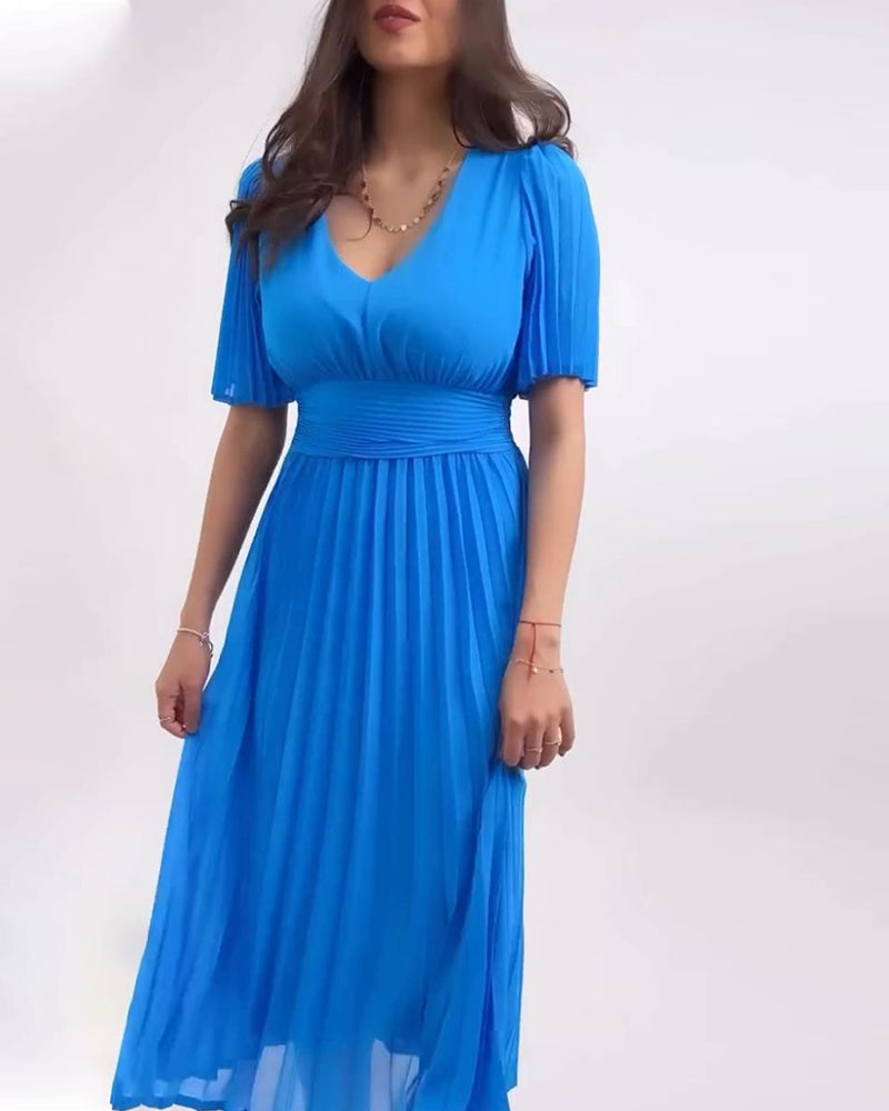 Elegant, plain pleated dress with v-neck