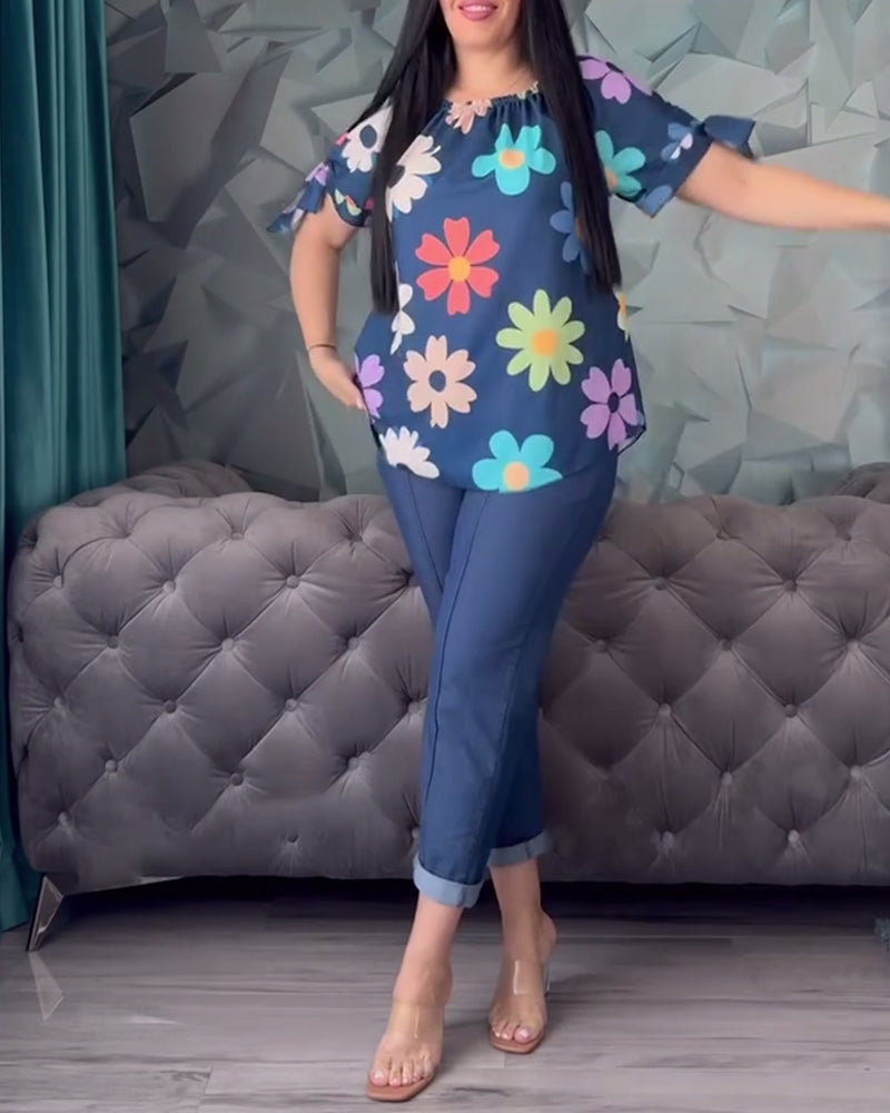 Modefest- Kurzärmlige bluse mit blumendruck und rundhalsausschnitt