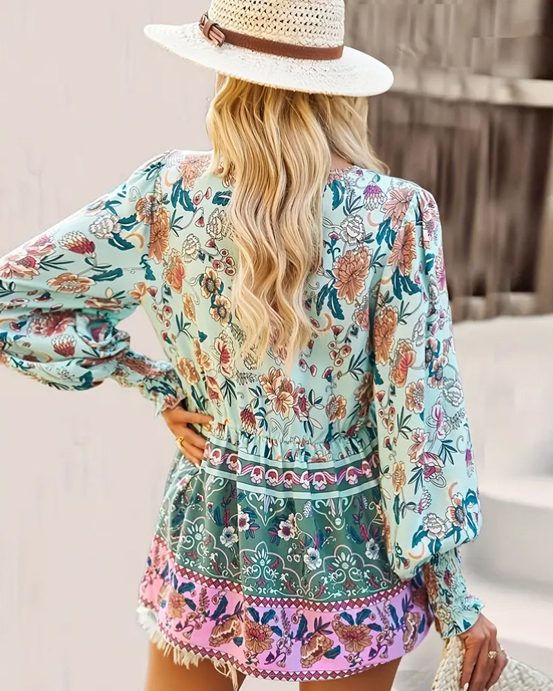 Ethnic style lantern sleeve blouse