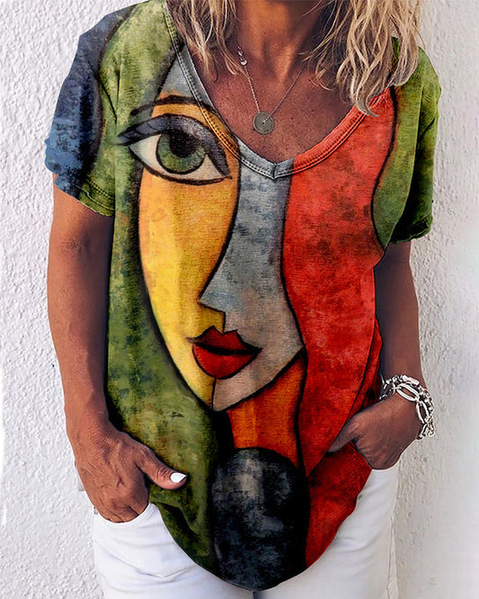 Modefest- Kurzärmliges T-Shirt mit abstraktem Gesichtsaufdruck Grün