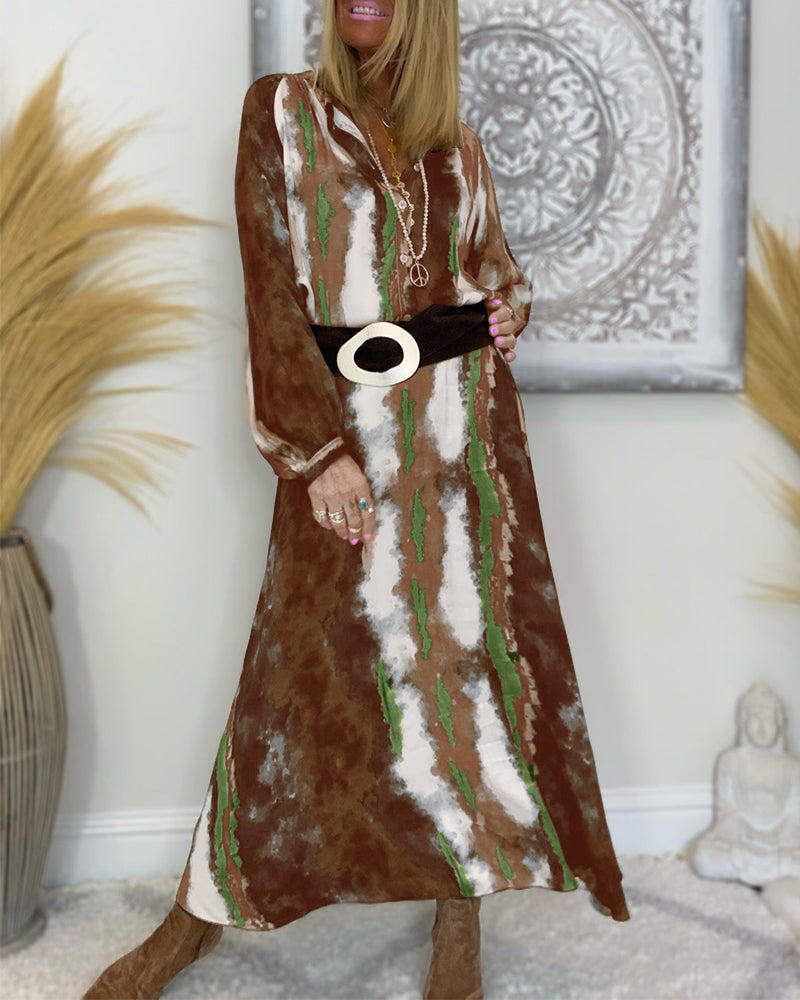 Modefest- Lockeres, bedrucktes langes Kleid Khaki