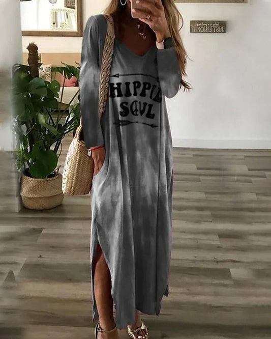Modefest- Kleid mit V-Ausschnitt und Eingrifftaschen Grau