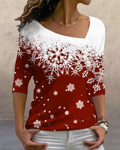 Modefest- Weihnachts Oberteile mit Schneeflocken-Print Weiß