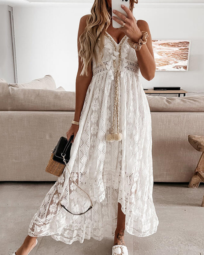 Modefest- Langes, einfarbiges Kleid mit Spaghettiträgern aus Spitze Weiß