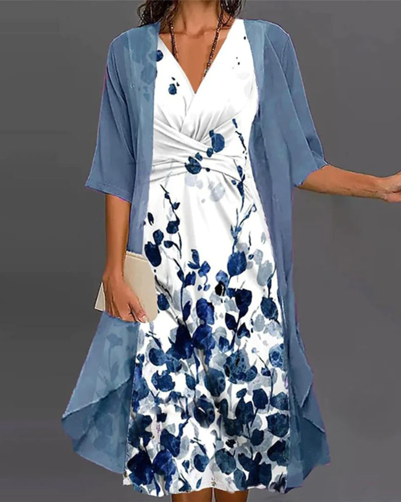 Modefest- Zweiteiliges Kleid mit Blumendruck Blau