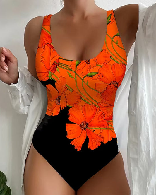 Modefest- Modischer einteiliger Badeanzug mit Blumendruck Orange