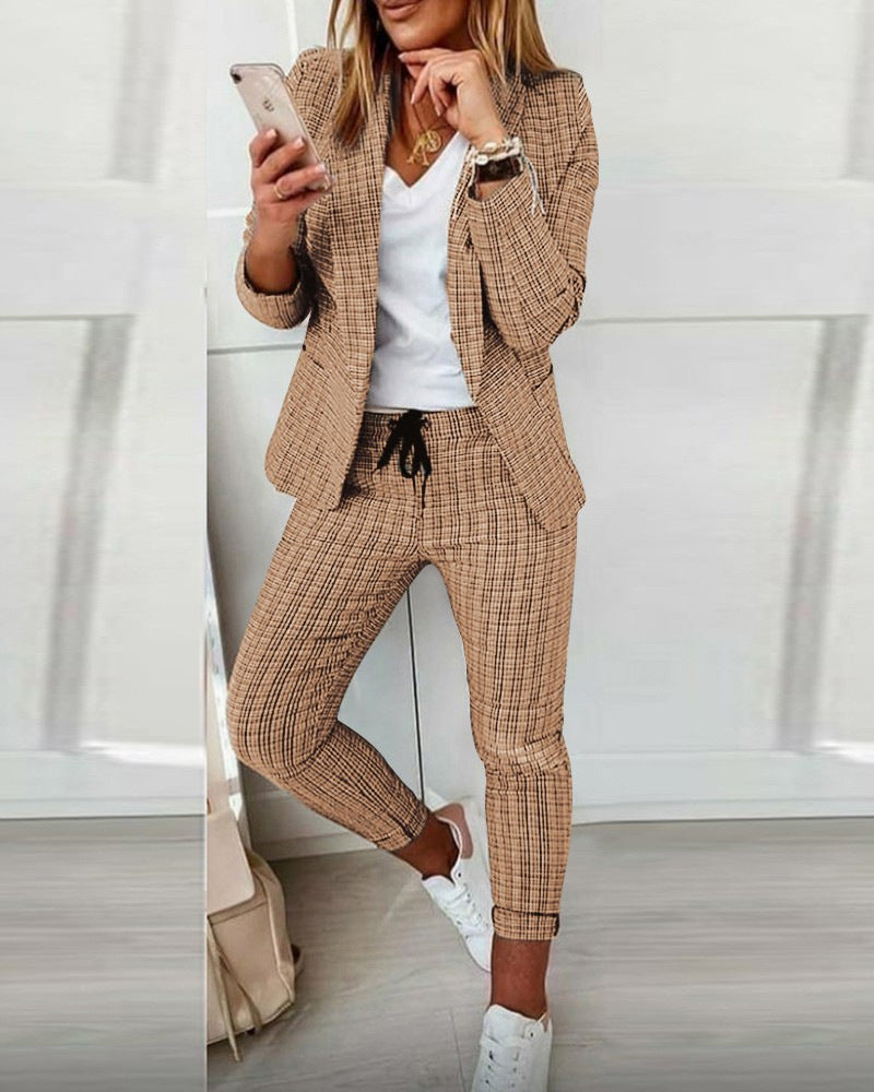 Modefest- Plaid Comfortable Casual Women's Suit khaki