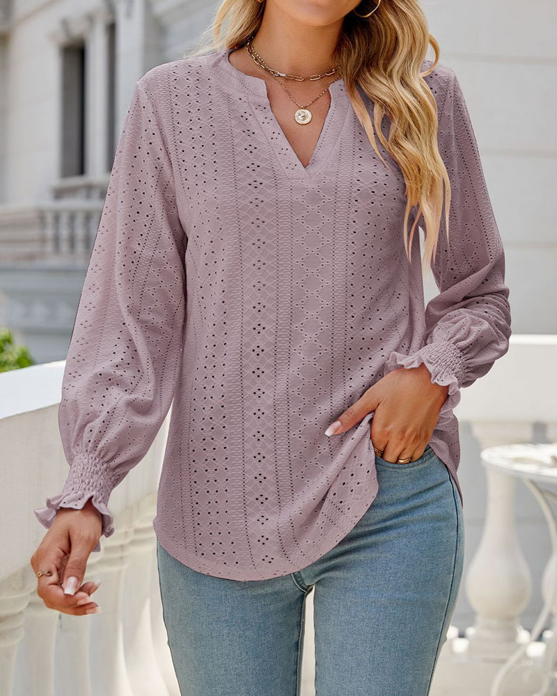Modefest- Zwanglos Einfarbige Bluse mit Rüschenärmeln Lavendel