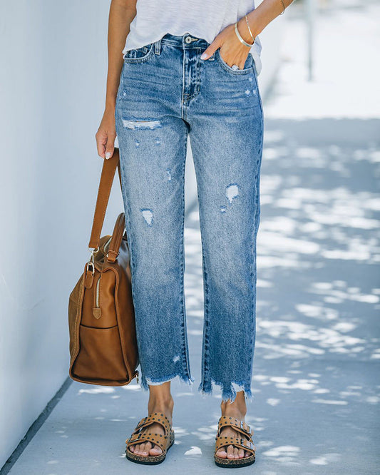 Modefest- Kurze Jeans mit zerrissenem, geradem Bein Blau