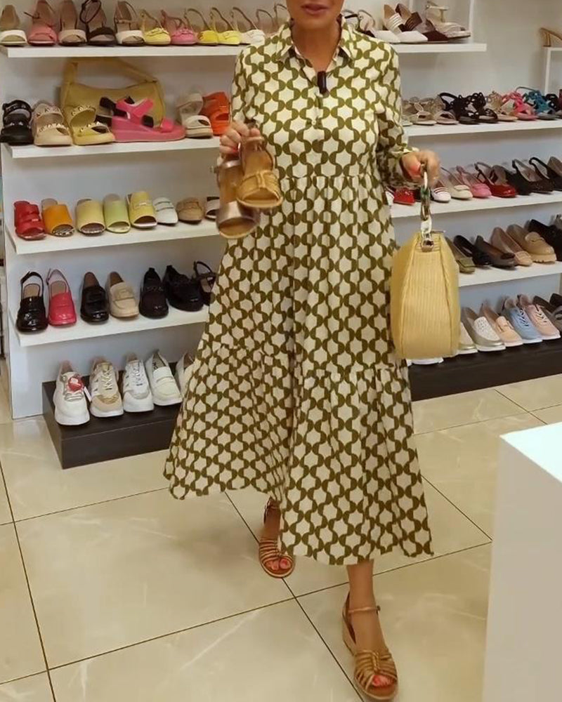 Casual printed dress with lapel and long sleeves