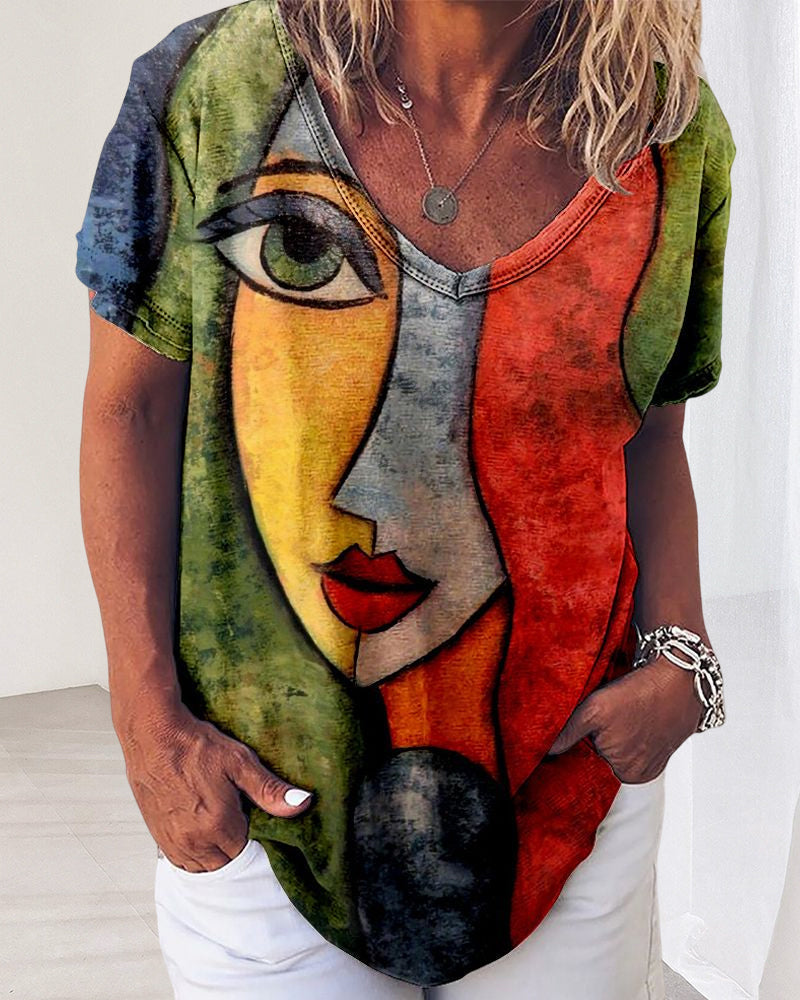 Modefest- Kurzärmliges T-Shirt mit abstraktem Gesichtsaufdruck