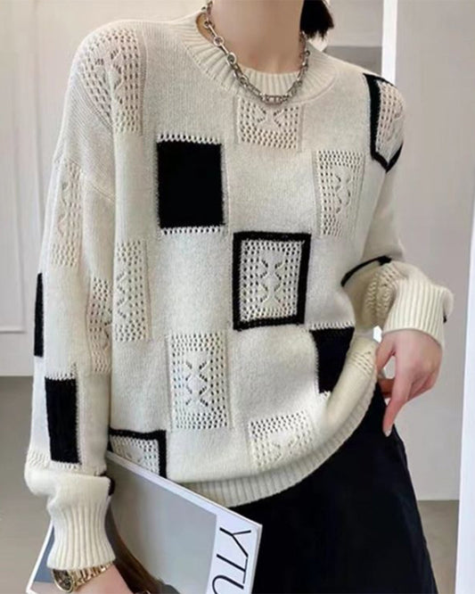 Modefest- Quadratischer Pullover im Farbblockdesign Weiß