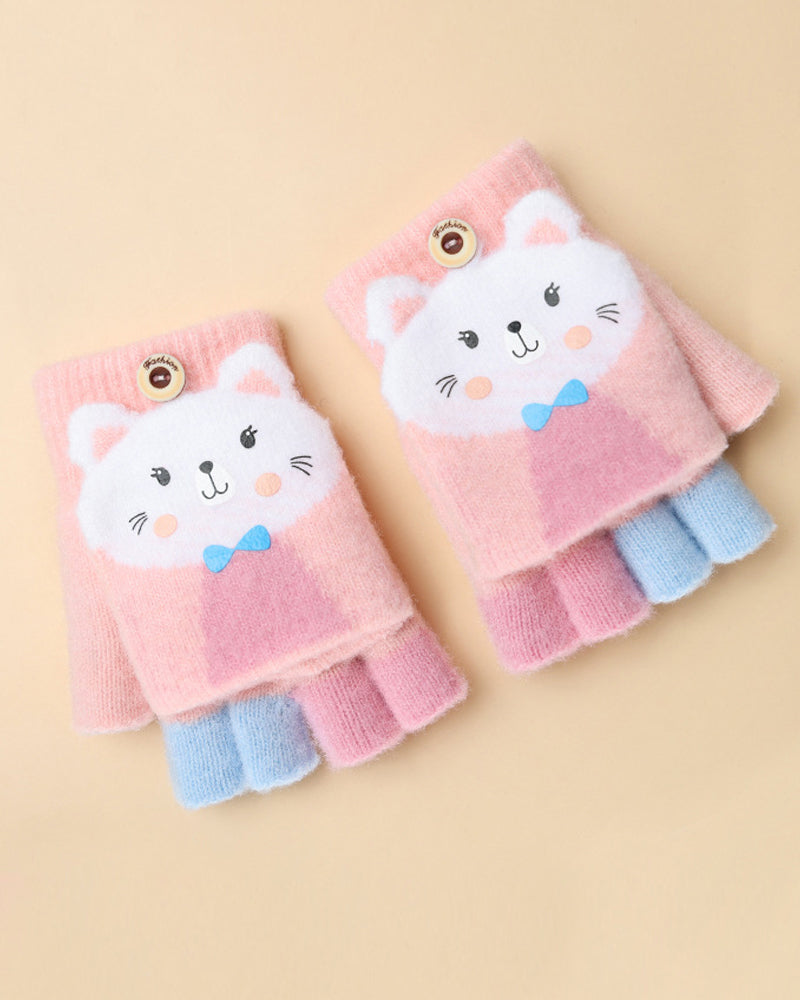 Modefest- Halbfinger-flip-handschuhe für baby-kinder Katze mit großem Gesicht Rosa