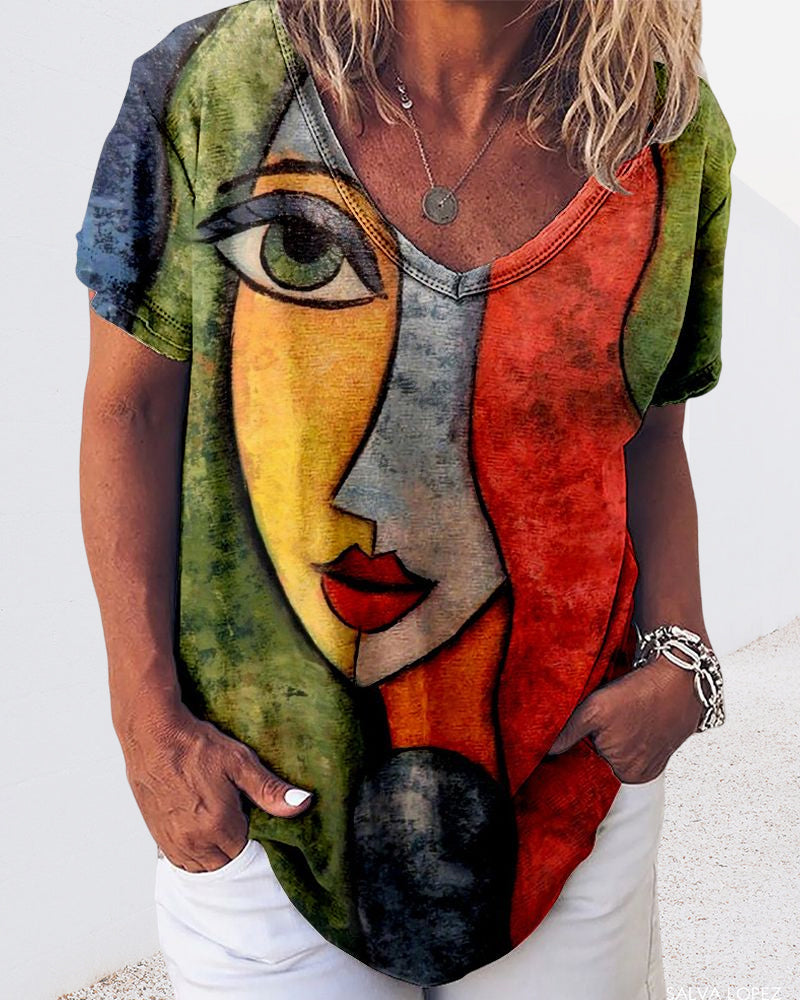 Modefest- Kurzärmliges T-Shirt mit abstraktem Gesichtsaufdruck