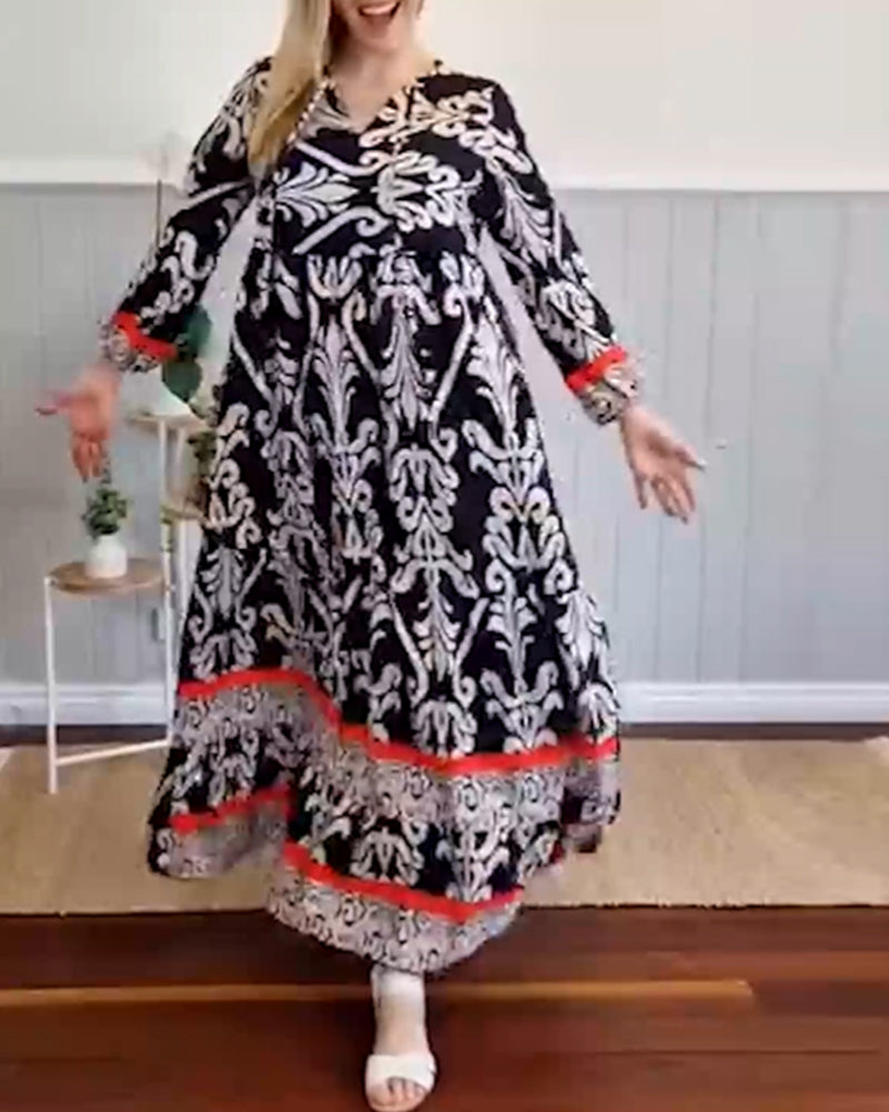 Modefest- Langes Kleid mit Retro-Print und V-Ausschnitt