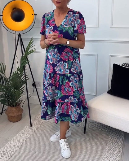 Vestido elegante com estampa floral e mangas bufantes