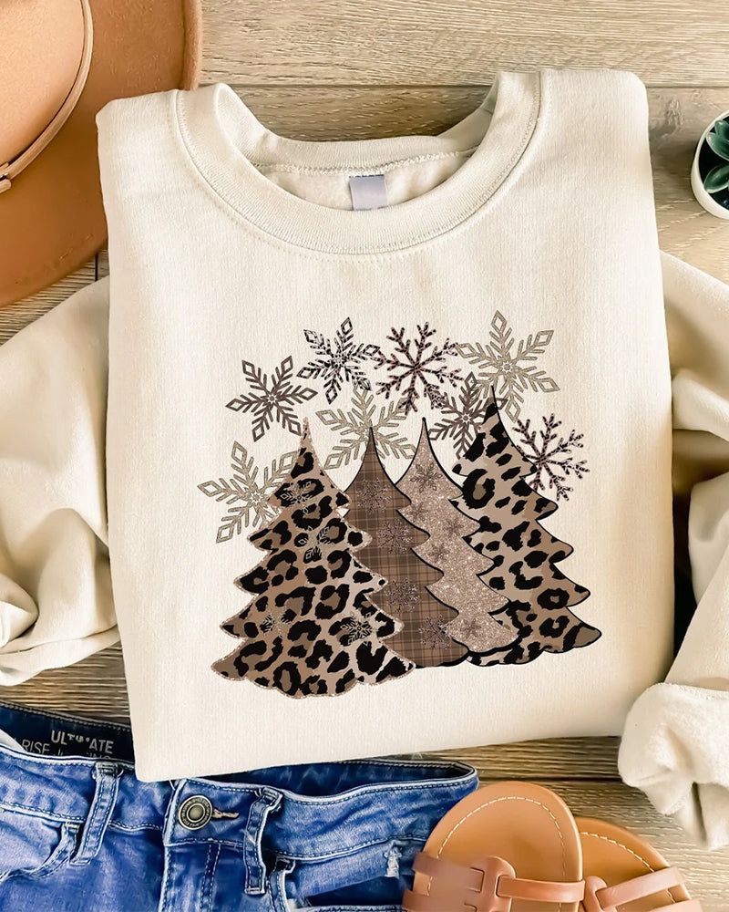 Sweatshirt mit Weihnachtsbaum-Print und Leopardenmuster