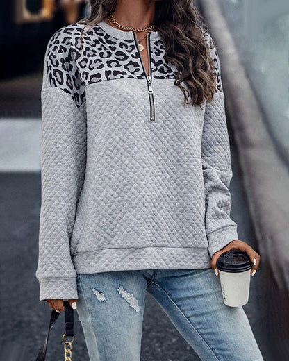 Zip-up sweatshirt with leopard patchwork print