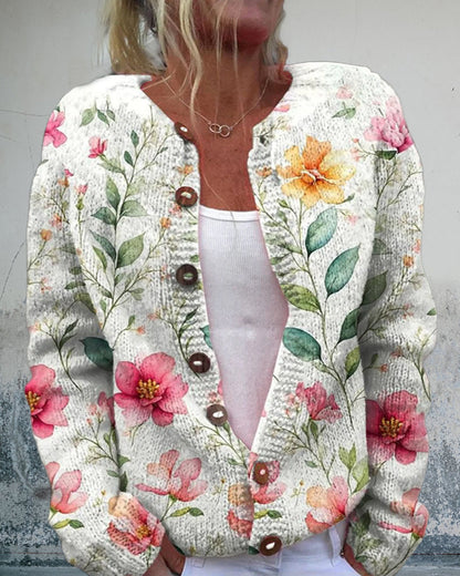 Lässiger Cardigan mit Blumenknöpfen und langen Ärmeln