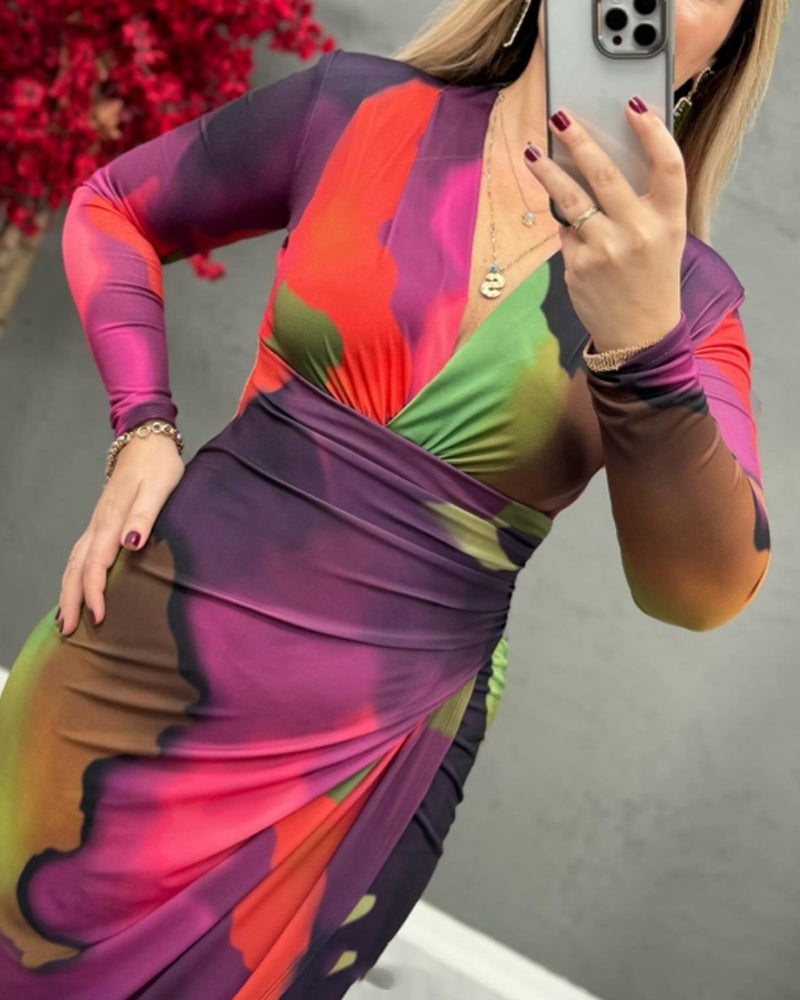 Modefest- Bunt bedrucktes, elegantes Kleid mit V-Ausschnitt