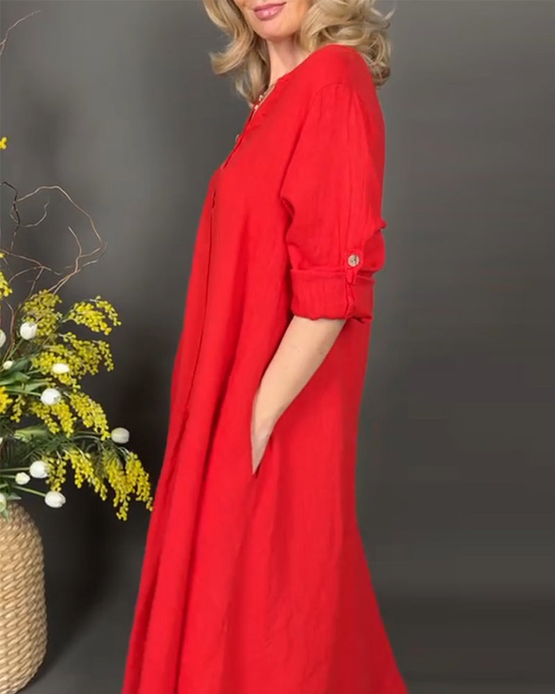 Modefest- Kleid aus einfarbigem Baumwoll- und Leinenmaterial