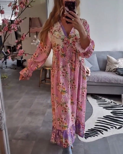 Robe longue élégante à col en V et imprimé floral