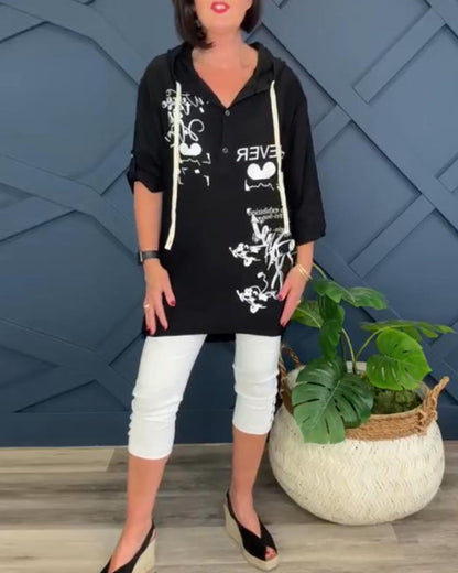 Blusa casual estampada com capuz e botão