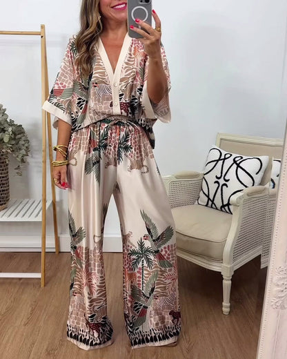 Loose two-piece set with bird print