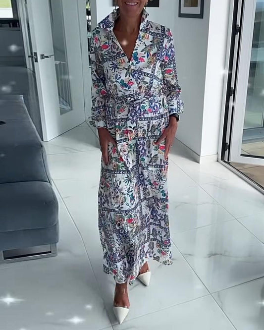 Robe décontractée à motif floral avec revers et manches longues