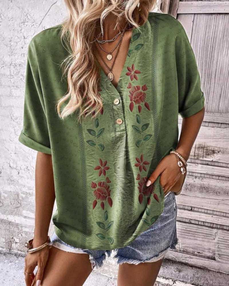 Modefest- T-Shirt mit Blumendruck und V-Ausschnitt Grün